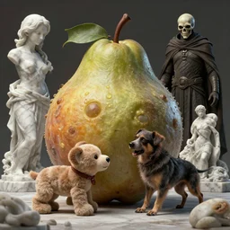 beautiful digital fantasy illustration of alien fruit, a creepy dog attacking a stuffed animal, octane render, detail texture, death tarot 💀, unreal engine, god emperor of dune, 8 k, marble sculptures, a surrealist sculpture by ryohei hase, ultra hyper realistic quality
