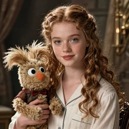 detailed ultrarealistic photography medium shot of fantasy young queen in pajama and furry muppet puppet leyendecker, norman rockwell, alan lee, artstation cinematic, vray game of thrones, lord of the rings, star wars