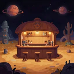 in front of a bar in a remote outpost, on an alien planet, from a space themed point and click 2 d graphic adventure game, art inspired by mark keathley
