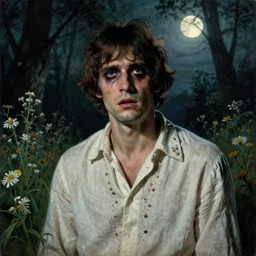 a handsome but creepy man in layers of fear, with haunted eyes, violence in her eyes, wearing a linen shirt, 1 9 7 0 s, seventies, delicate embellishments, a little blood, woodland, moonlight shining on wildflowers, painterly, offset printing technique, by alexandre cabanel