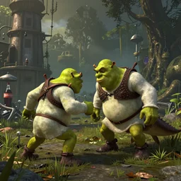 screenshot from fallout 3 of shrek fighting a deathclaw, ray tracing, photorealistic graphics, nuka cola factory, swamp vs radiation,