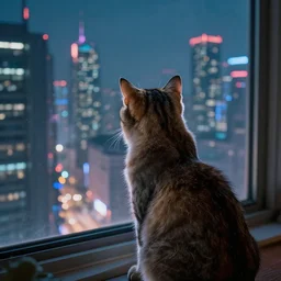 photograph of a cat overlooking a cyberpunk city