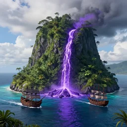 purple lava flowing from tropical jungle island into lagoon with pirate ship