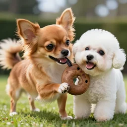 a photorealistic closeup image of a cute brown colored long haired chihuahua cocker spaniel dog playing with a happy white bichon frise dog at beverly hills park. brightly lit. extreme detail. 4 k hd unreal engine