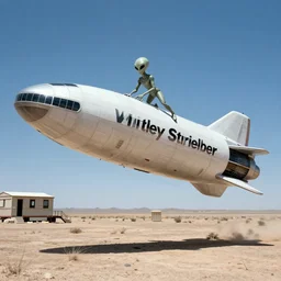 Whitley Strieber Grey Alien climbing out of a crashed flying saucer in the Roswell New Mexico desert.