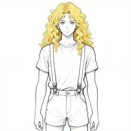 lineart of a pale androgynous man with long fluffy curly blond hair in shorts with suspenders and white t-shirt drawn by anime, Alexandre Cabanel, norman rockwell, peter paul rubens, maler collier, frank frazetta, alphonse mucha, gustav klimt 4k, unreal 5, DAZ, french noveau, trending on artstation, octane render, hyperrealistic