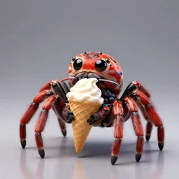 a cute spider holding an ice cream cone the spider is eating the ice cream cone, A cute spider, bold colors, octane render, realistic reflections, studio lighting