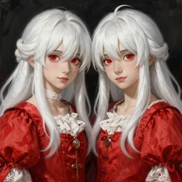 Epic rococo painting of two young twins males, with white skin, long white hair and red eyes. Wearing identical red clothes. Middle age. Castlevania, ultra-detailed. Anime, pixiv, UHD 8K CryEngine, octane render