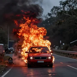 front view red car on fire, in the street