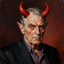 demonic george hw bush with red horns, painting in the style of norman rockwell, 1 9 5 0 s, evil, satan, devil, demonic, demon, hyperrealistic, photorealistic, award - winning, 4 k, ultra hd, artstation, intricate, highly detailed, american, usa, dark, gritty
