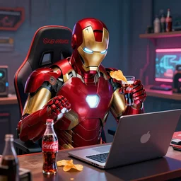 iron man sit in front of laptop and eating chips with coca cola, gaming room, concept art, trending on artstation, highly detailed, intricate, sharp focus, digital art, 8 k