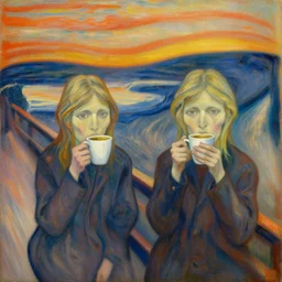 two women drinking coffee, oil on canvas, detailed, artwork by edvard munch
