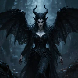 evil witch with black wings, powerful, astmospheric, cinematic lighting, dramatic, 4k painting