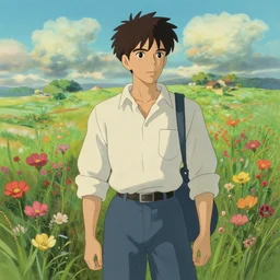 attractive man in flower field, painting by gaston bussiere, craig mullins, j. c. leyendecker, ghibli style