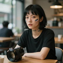 photograph woman sitting in a cafe, China, short black hair, freckles, face tattoos, futuristic, cyberpunk face mods, sigma 85mm f/1.4, 4k, depth of field