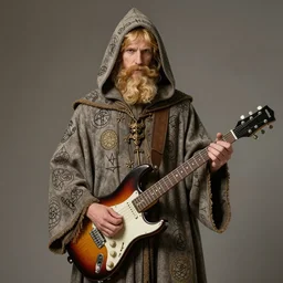 hyper realistic, detailed, early 1 7 0 0's photograph of a blonde bearded wizard, wearing hooded garment covered in magical sigils. standing with an electric guitar