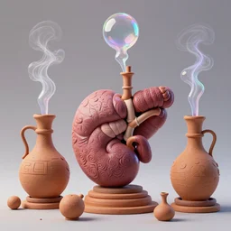 an alchemical laboratory made from clay alembics distilling voices, vapour, air flow, clay, no humans, alchemical drawing, steam, larynx, oesophagus texture, 8 k, unreal, high resolution, vivid colours, iridescence, 3 d render