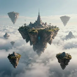 surreal alien world in clouds, floating islands and mountains on the background, sci - fi, ambient dreamy atmosphere, detailed, daylight, by syd mead, john harris