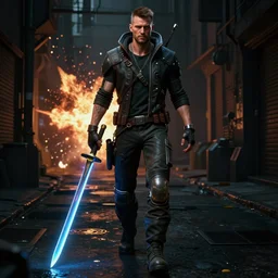 a detailed full bodied 3 d render of an extremely handsome jensen ackles as the terminator walking down a dark alley in cyberpunk 2 0 7 7 and holding a glowing electrified katana, facing the camera, explosion in the background, volumetric lighting, octane render, 8 k, art by greg rutkowski and albert bierstadt and alphones mucha