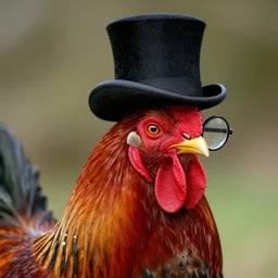 portrait of a rooster, with top hat!!! and monocle!!!