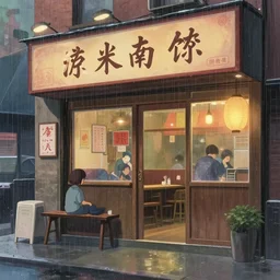 a chinese restaurant in new york city ， rainy ， makoto shinkai style