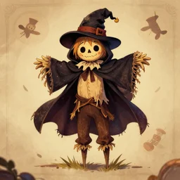 character sheet of a cute magician scarecrow with a hood and a cape, fantasy, magalie villeneuve, artgerm