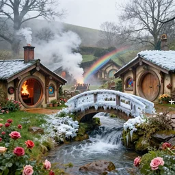 spring festival at medieval hobbit village, ornate, beautiful, atmosphere, vibe, mist, smoke, fire, chimney, rain, wet, pristine, puddles, waterfall, melting, dripping, snow, creek, lush, ice, bridge, rainbow, stained glass, forest, roses, flowers, color page, 4 k, contest winner