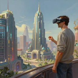 A beautiful VR 3D sci-fi painting of an art deco city by greg rutkowski and thomas kinkade, trending on artstation
