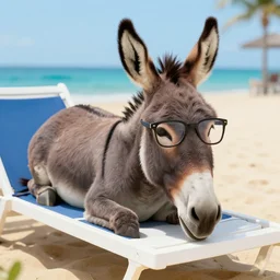 A photograph of a donkey wearing cool glasses lying on a beach sun bed, digital art, amazing detail