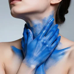 strong! hands! wrapped around neck!, clavicles!, covered in glossy! blue paint, beautiful skin, contrasting paint, realistic photograph, 8 k, backlit