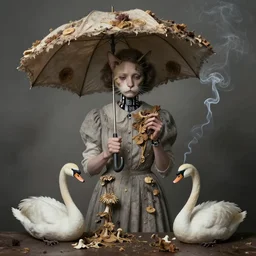 photographic portrait of sad max ernst woman cat robotic dried melting floral fungus with spiraling cigarette smoke, wearing a dress, holding an umbrella and a swan, in fog, editorial