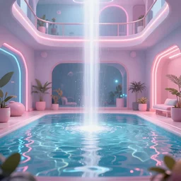 A ray of light glimmering over a pool in a futuristic setting, cyberpunk, neon lights, pastel colours, 8k render octane engine, extremely detailed