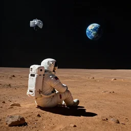 the lonely astronaut sitting on the surface of mars, looking into dark distant space and seeing earth in the distance, photorealistic vfx render, highly detailed, cinematic