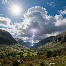 a beautiful highland valley with a big blue sky, bright sun clouds and lightning, holy; detailed, best on artstation, cgsociety, wlop, cosmic, epic, stunning, gorgeous, masterpiece