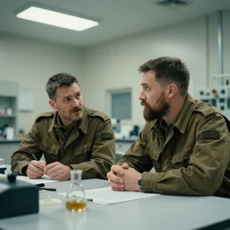 filmic extreme wide shot movie still 4 k uhd interior 3 5 mm film color photograph of two soldiers in a lab with beards bored talking