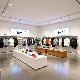 large nike boutique flagship retail. white walls. polished concrete floor. display tables with colorful shoes and varied clothes. bright digital screens on walls. low ceilings with downlights and spots. white corian and oak furniture. ( plants ) muted colors. architectural photography, 8 k, realistic lighting, reflections, bloom, hyperdetailed environment, pbr materials.