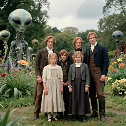 sharp, highly detailed, 36864k film, 175000mm film still from a sci fi blockbuster color movie made in 2019, set in 1860, of a family standing in a park, next to some strange alien plants and flowers, on an alien planet, the family are all wearing 1860s era clothes, good lighting, enhanced faces, 35mm f/1.4L lens