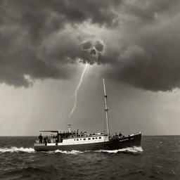 a boat sailing in a thunderstorm where the clouds look like skulls, 1 9 0 0 s photograph