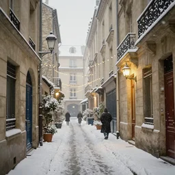 an alley in paris in winter, snowing, christmas night, 1 9 1 0