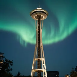 shining golden virgin mary radiating vivid aurora essence above space needle centered big sky film long exposure fuji wide angle national geographic