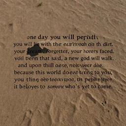 one day you will perish. you will lie with the rest of your kind in the dirt. your dreams forgotten, your horrors faced. your bones will turn to sand. and upon that sand, a new god will walk. one that will never die. because this world doesn't belong to you, or the people before. it belongs to someone who's yet to come.