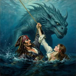oil painting, half total, a scene from pirates of the caribbean, norwegian sea monster draugen beneath the water, a woman holding a rope fighting for her life above the water greg rutkowski and ilya kuvshinov, masterpiece illustration, ultrarealistic, perfect face and anatomy, golden ratio
