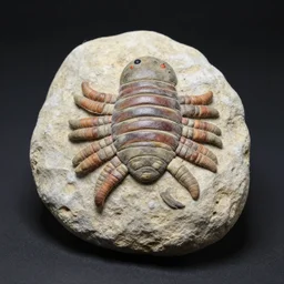 a detailed well made handmade plush toy of a trilobite fossil.