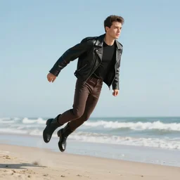 1990's superboy flying above a beach, full body shot, cool hair, black boots, leather jacket, style digital painting, concept art, smooth, sharp focus, illustration, from Metal Gear, by Alex Ross