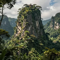 realistic jungle fortress high in the mountains, lush jungle, in the style Jordan grimmer, trending on art station by national geographic