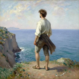 an attractive male standing on a cliff, clothed!, looking out at the ocean, by gaston bussiere, craig mullins, j. c. leyendecker, claude monet