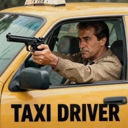 Taxi Driver poster artwork by Michael Whelan Rendering of Robert Deniro aiming a handgun from his cab, full of details by thomas kinkade, Matte painting, trending on artstation