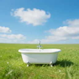 blurry vibrant surreal dream like image of a bathtub in the middle of a grass field at broad daylight blue sky with clouds taken using dream recording device