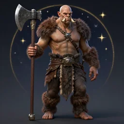 detailed character portrait, orc barbarian, bald, tusks, barefoot, large axe, stars and night background, alphonse mucha, rhads, ross tran, artstation, artgerm, octane render, 1 6 k