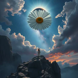 giant white daisy flower over head, girl standing on rocky cliff, surreal photography, eclipse, milky way, dramatic light, impressionist painting, colorful clouds, digital painting, artstation, james gilleard, liam wong, jeremy mann, simon stalenhag
